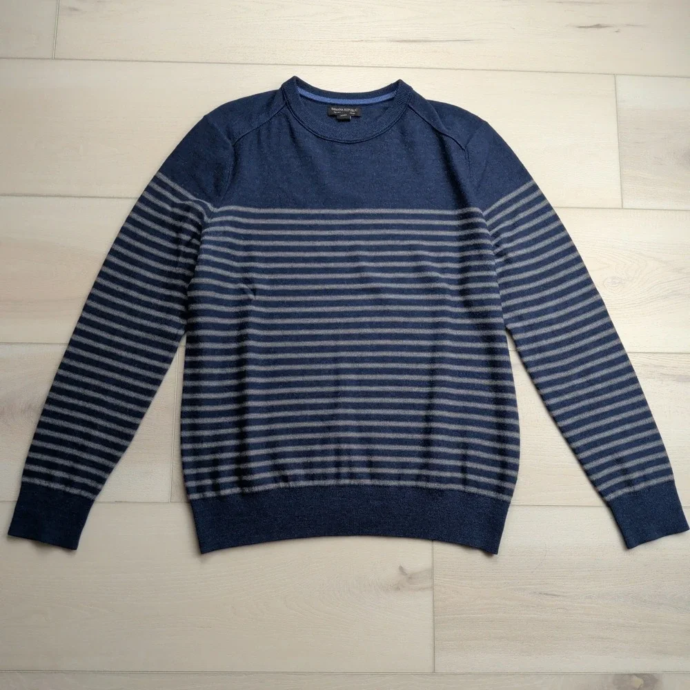 Banana Republic Sweater Mens XL Blue Striped Merino Wool Crew Neck Long Sleeve